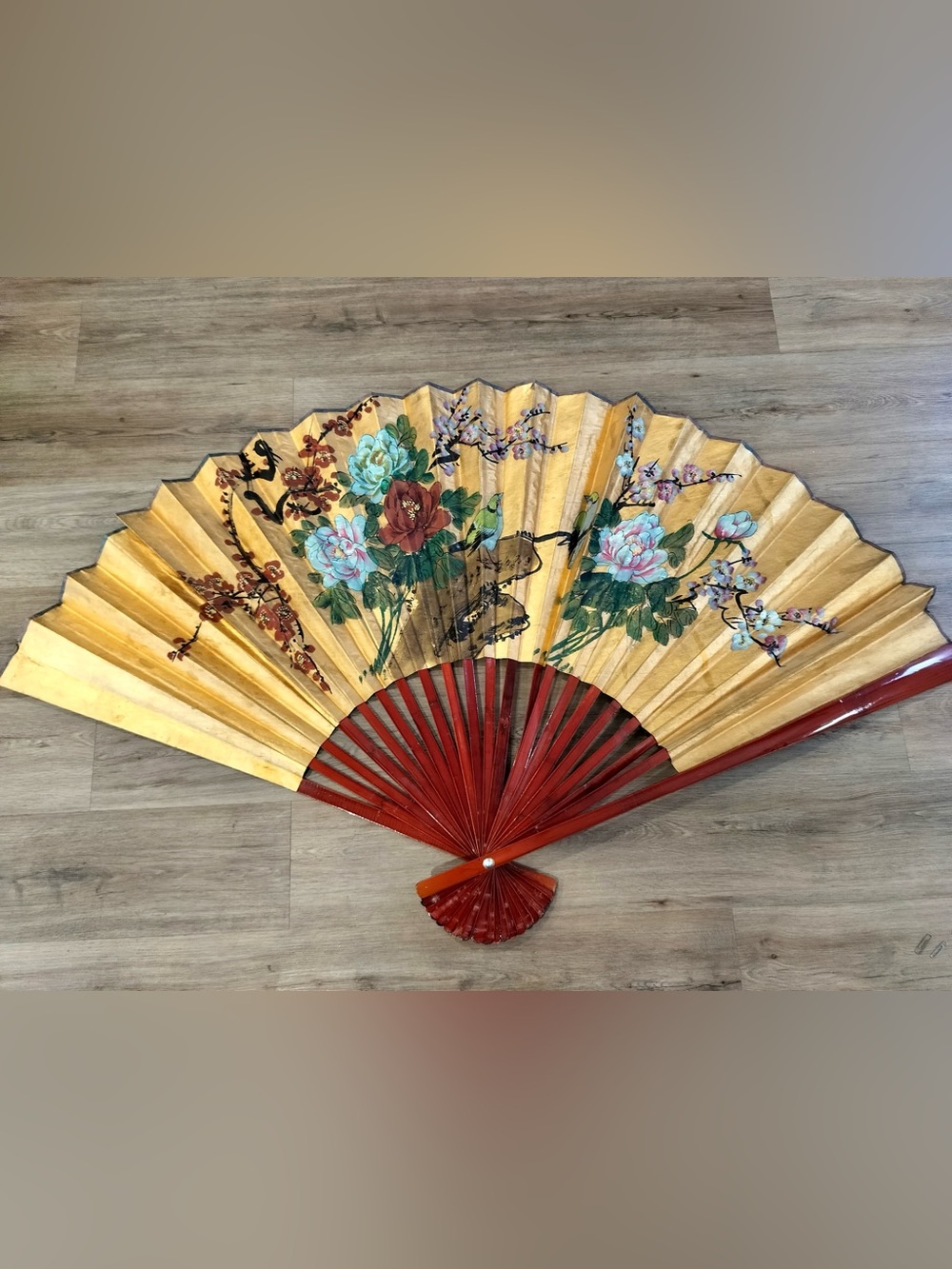 Vintage Giant 57" Asian Folding Wall Fan Gold Hand Painted Floral Bird Decor XL